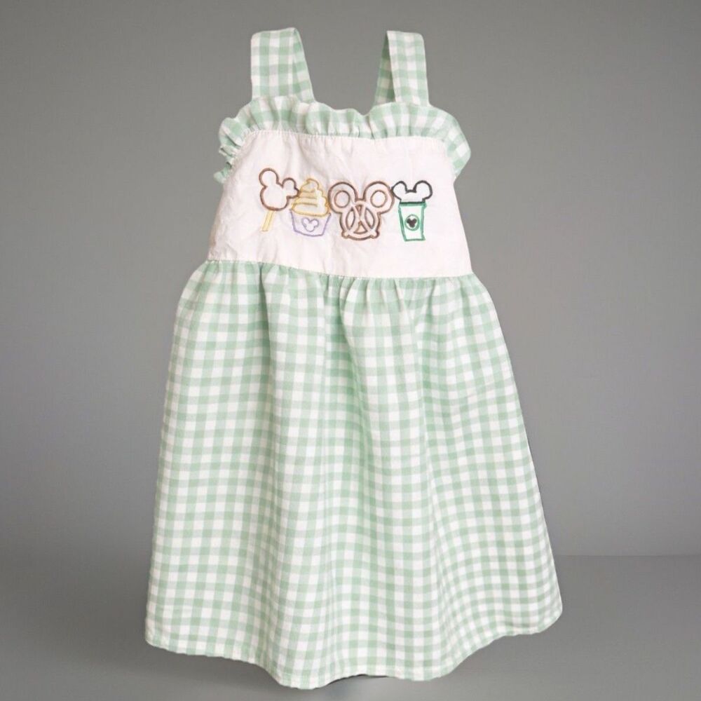Girls Disney Snack Embroidered Gingham Dress Size 3XL (Fits 2T/3T) Green Cotton - Picture 1 of 14